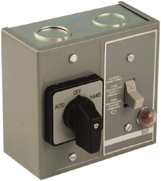 Square D - 2 Poles, 16 Amp, NEMA, Enclosed Toggle Manual Motor Starter - 1 hp at 115 VAC, 1 hp at 230 VAC, 1 hp at 277 VAC, 3/4 hp at 115 VDC & 3/4 hp at 230 VDC, CE, CSA, NEMA 1 & UL Listed - A1 Tooling