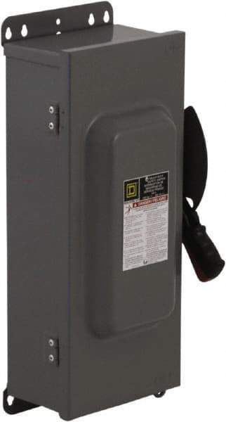 Square D - 100 Amp, 240 VAC, 250 VDC, 2 Pole Fused Safety Switch - NEMA 12 & 3R, 15 hp at 240 VAC, 20 hp at 250 VDC (Single Phase), 30 hp at 240 Vac, 20 hp at 250 VDC (Triple Phase), DPST Contact Form - A1 Tooling