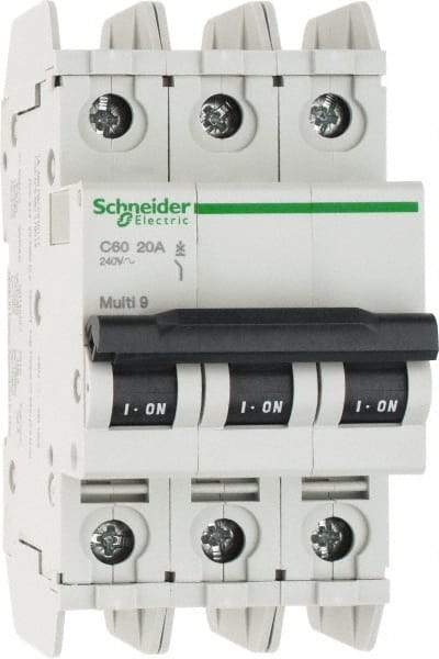 Schneider Electric - 20 Amp, 125 VDC, 240 VAC, 60 VDC, 3 Pole, DIN Rail Mount, Fixed Mount Miniature Circuit Breaker - Thermal Magnetic Trip, Multiple Breaking Capacity Ratings, 73mm Deep x 107mm High x 54mm Wide - A1 Tooling