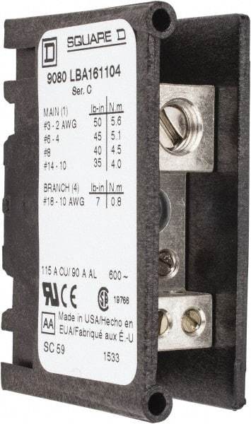 Square D - 1 Pole, 115 (Copper), 90 (Aluminium) Amp, Thermoplastic Power Distribution Block - 600 VAC, 1 Primary Connection - A1 Tooling