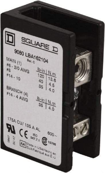 Square D - 1 Pole, 175 (Copper) Amp, Phenolic Power Distribution Block - 600 VAC, 1 Primary Connection - A1 Tooling