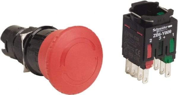 Schneider Electric - 16mm Mount Hole, Extended Mushroom Head, Pushbutton Switch with Contact Block - Round, Red Pushbutton, Maintained (MA), Momentary (MO) - A1 Tooling