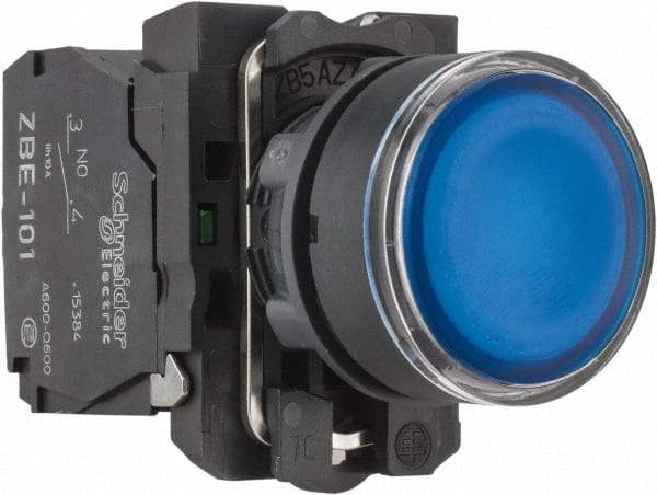 Schneider Electric - 22mm Mount Hole, Flush, Pushbutton Switch with Contact Block - Round, Blue Pushbutton, Illuminated, Momentary (MO) - A1 Tooling