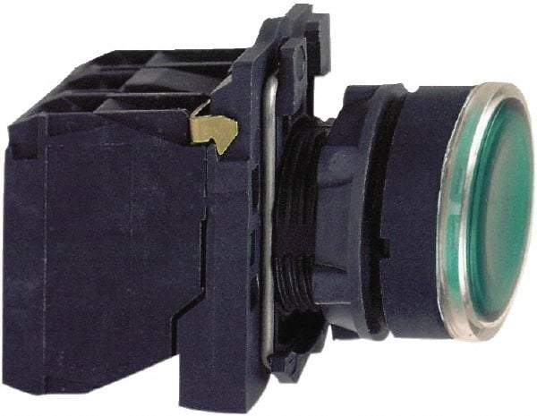 Schneider Electric - 22mm Mount Hole, Flush, Pushbutton Switch with Contact Block - Round, Green Pushbutton, Illuminated, Momentary (MO) - A1 Tooling