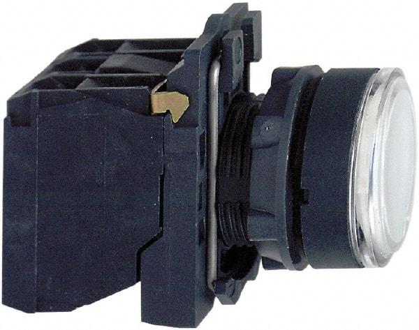 Schneider Electric - 22mm Mount Hole, Flush, Pushbutton Switch with Contact Block - Round, White Pushbutton, Illuminated, Momentary (MO) - A1 Tooling