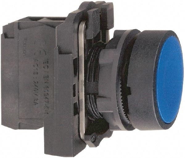 Schneider Electric - 22mm Mount Hole, Flush, Pushbutton Switch with Contact Block - Round, Blue Pushbutton, Momentary (MO) - A1 Tooling