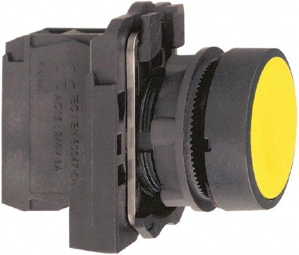 Schneider Electric - 22mm Mount Hole, Flush, Pushbutton Switch with Contact Block - Round, Yellow Pushbutton, Momentary (MO) - A1 Tooling