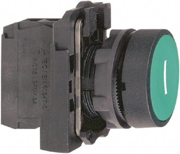 Schneider Electric - 22mm Mount Hole, Flush, Pushbutton Switch with Contact Block - Round, Green Pushbutton, Momentary (MO) - A1 Tooling