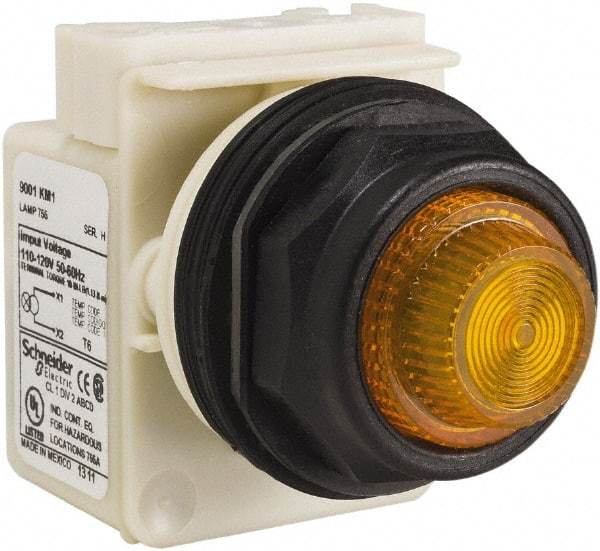 Schneider Electric - 110 VAC at 50/60 Hz via Transformer, 120 VAC at 50/60 Hz via Transformer Amber Lens Indicating Light - Round Lens, Screw Clamp Connector, Corrosion Resistant, Dust Resistant, Oil Resistant - A1 Tooling