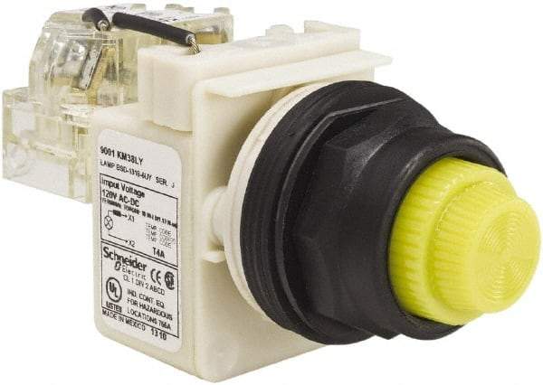 Schneider Electric - 120 V Yellow Lens LED Press-to-Test Indicating Light - Round Lens, Screw Clamp Connector, Corrosion Resistant, Dust Resistant, Oil Resistant - A1 Tooling