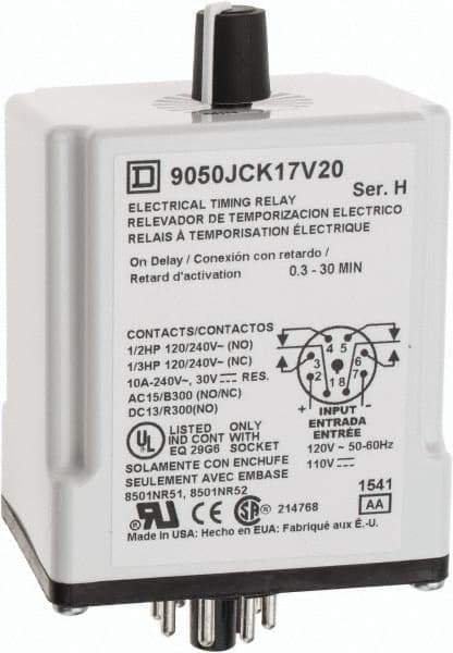 Square D - 0.3 to 30 min Delay, DPDT Time Delay Relay - 10 Contact Amp, 110 VDC & 120 VAC - A1 Tooling