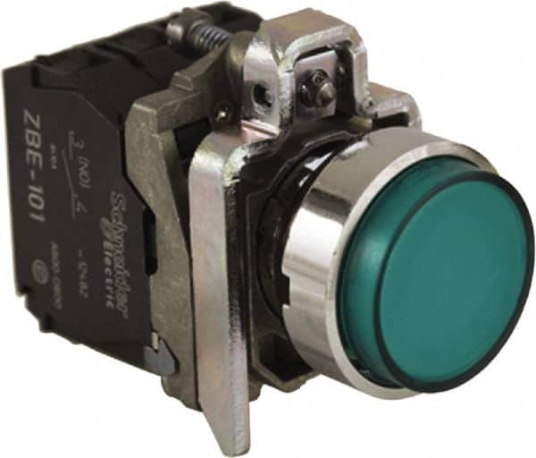 Schneider Electric - 0.87 Inch Mount Hole, Extended Straight, Pushbutton Switch - Round, Green Pushbutton, Illuminated, Momentary (MO), Anticorrosive, Dust Resistant and Vaportight - A1 Tooling