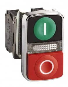 Schneider Electric - 22mm Mount Hole, Extended Straight, Flush, Pushbutton Switch Only - Rectangle, Green and Red Pushbutton, Illuminated, Momentary (MO), On-Off, Shock and Vibration Resistant - A1 Tooling