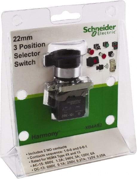 Schneider Electric - 22mm Mount Hole, 3 Position, Lever Operated, Selector Switch with Contact Blocks - Black, Maintained (MA), Nonilluminated, 1 Contact Block, 2NO - A1 Tooling