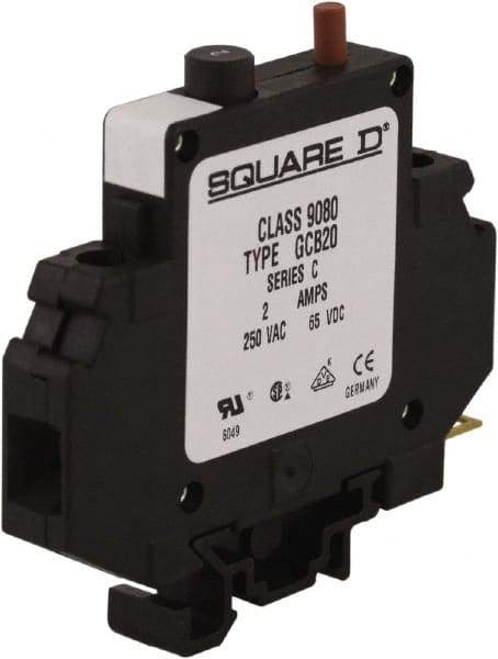 Square D - 2 Amp, 250 VAC, 65 VDC, 1 Pole, DIN Rail Mount Circuit Protector - Thermal Magnetic Trip, 16-10 AWG, 64mm Deep x 80mm High x - A1 Tooling