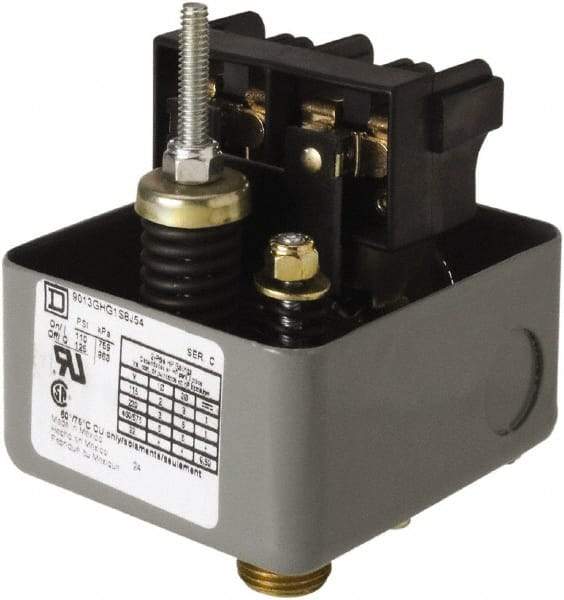 Square D - 1 NEMA Rated, DPST, 110 to 125 psig, Vacuum Switch Pressure and Level Switch - Adjustable Pressure, 575 VAC, 0.13 Inch NPSF Connector, Screw Terminal, For Use with Air Compressors, Electrically Driven Water Pumps - A1 Tooling