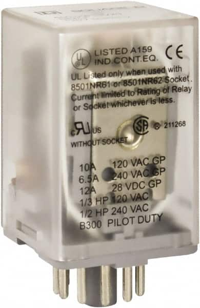 Square D - 11 Pins, 1 hp at 277 Volt & 1/3 hp at 120 Volt, 3 VA Power Rating, Octal Electromechanical Plug-in General Purpose Relay - 10 Amp at 250 VAC, 3PDT, 24 VDC, 34.9mm Wide x 50.3mm High x 35.4mm Deep - A1 Tooling