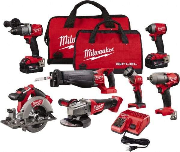 Milwaukee Tool - 18 Volt Cordless Tool Combination Kit - Includes Hammer Drill, Impact Driver, Reciprocating Saw, Circular Saw, Grinder, Work Light & 1/2" Impact Wrench, Lithium-Ion Battery Included - A1 Tooling