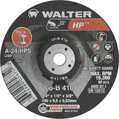 WALTER Surface Technologies - 24 Grit, 4" Wheel Diam, 1/4" Wheel Thickness, 3/8" Arbor Hole, Type 27 Depressed Center Wheel - Aluminum Oxide, Resinoid Bond, 15,000 Max RPM - A1 Tooling