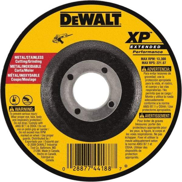 DeWALT - 24 Grit, 5" Wheel Diam, 1/8" Wheel Thickness, 7/8" Arbor Hole, Type 27 Depressed Center Wheel - Zirconia Alumina, Resinoid Bond, 12,200 Max RPM, Compatible with Angle Grinder - A1 Tooling