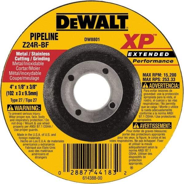 DeWALT - 24 Grit, 4" Wheel Diam, 1/8" Wheel Thickness, 3/8" Arbor Hole, Type 27 Depressed Center Wheel - Zirconia Alumina, Resinoid Bond, 15,200 Max RPM, Compatible with Angle Grinder - A1 Tooling