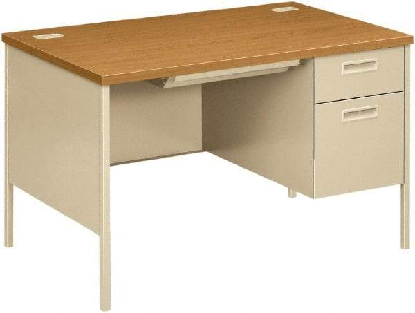 Hon - Laminate/Metal Right Pedestal Desk with Center Drawer - 48" Wide x 30" Deep x 29" High, Harvest/Putty - A1 Tooling