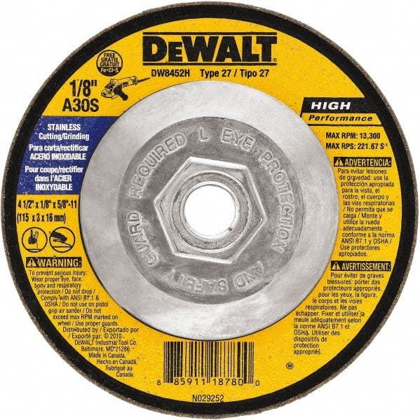 DeWALT - 30 Grit, 6" Wheel Diam, 1/8" Wheel Thickness, Type 27 Depressed Center Wheel - Aluminum Oxide, 10,100 Max RPM, Compatible with Angle Grinder - A1 Tooling