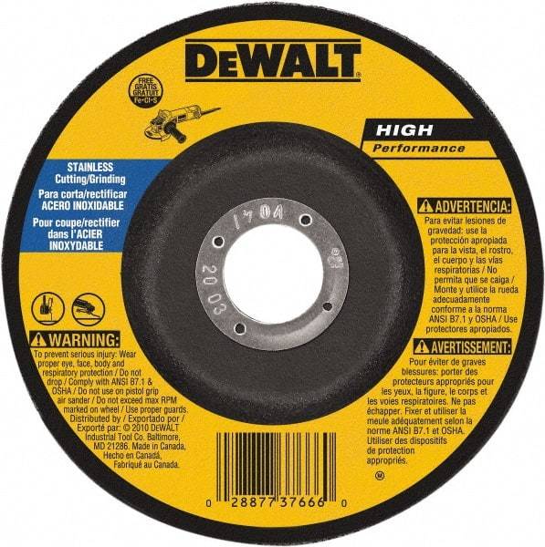 DeWALT - 30 Grit, 5" Wheel Diam, 1/8" Wheel Thickness, 7/8" Arbor Hole, Type 27 Depressed Center Wheel - Aluminum Oxide, 12,200 Max RPM, Compatible with Angle Grinder - A1 Tooling