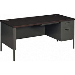 Hon - Plastic Laminated Top Single Pedestal with Right Hand Return Desk with Center Drawer - 66" Wide x 30" Deep x 29-1/2" High, Mahogany/Charcoal - A1 Tooling