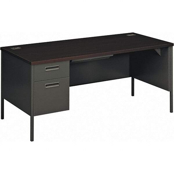 Hon - Plastic Laminated Top Single Pedestal Desk with Center Drawer - 66" Wide x 30" Deep x 29-1/2" High, Mahogany/Charcoal - A1 Tooling