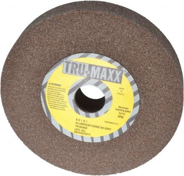 Tru-Maxx - 60 Grit Aluminum Oxide Bench & Pedestal Grinding Wheel - 6" Diam x 1" Hole x 1" Thick, 5410 Max RPM, O Hardness, Medium Grade , Vitrified Bond - A1 Tooling