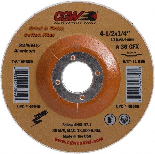 Camel Grinding Wheels - 36 Grit, 4-1/2" Wheel Diam, 1/4" Wheel Thickness, Type 27 Depressed Center Wheel - Medium Grade, Aluminum Oxide, 13,300 Max RPM - A1 Tooling