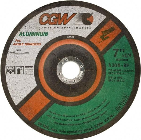 Camel Grinding Wheels - 30 Grit, 9" Wheel Diam, 1/4" Wheel Thickness, 7/8" Arbor Hole, Type 27 Depressed Center Wheel - Medium Grade, Aluminum Oxide, Resinoid Bond, 6,650 Max RPM - A1 Tooling