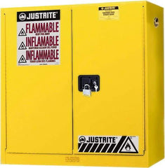 Justrite - 2 Door, 3 Shelf, Yellow Steel Wall Mount Safety Cabinet for Flammable and Combustible Liquids - 44" High x 43" Wide x 12" Deep, Manual Closing Door, 20 Gal Capacity - A1 Tooling