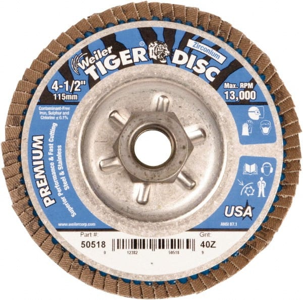 Weiler - 4-1/2" 40 Grit 5/8-11 Center Hole Type 29 Zirconia Alumina Flap Disc - A1 Tooling