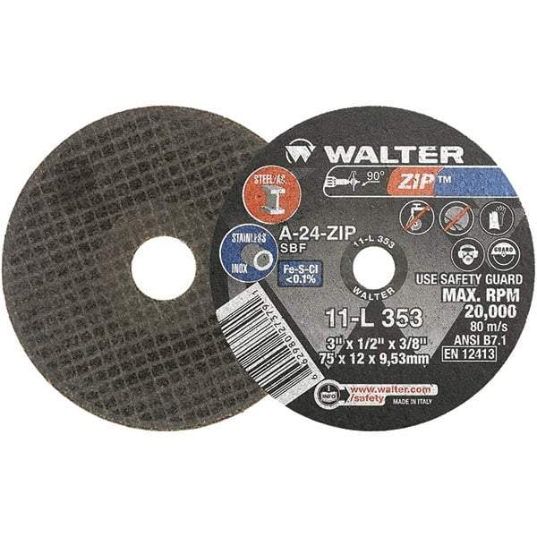 WALTER Surface Technologies - 3" 24 Grit Aluminum Oxide Cutoff Wheel - 1/2" Thick, 3/8" Arbor, 25,470 Max RPM, Use with Die Grinders - A1 Tooling