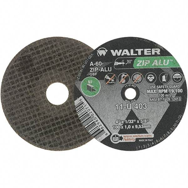 WALTER Surface Technologies - 4" 60 Grit Aluminum Oxide Cutoff Wheel - 1/32" Thick, 3/8" Arbor, 19,100 Max RPM, Use with Angle Grinders - A1 Tooling