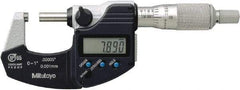 Mitutoyo - 0.0001 Inch Resolution, Standard Throat, Electronic Outside Micrometer - Includes Stand - A1 Tooling