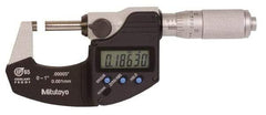 Mitutoyo - 0.0001 Inch Resolution, Standard Throat, Electronic Outside Micrometer - Includes Stand - A1 Tooling