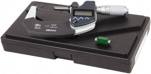 Mitutoyo - 1 to 2 Inch Range, 0.0001 Inch Resolution, Standard Throat, IP65 Electronic Outside Micrometer - 0.0001 Inch Accuracy, Friction Thimble, Carbide Face, SR44 Battery, Data Output, Plastic Case, Includes NIST Traceable Certification of Inspection - A1 Tooling