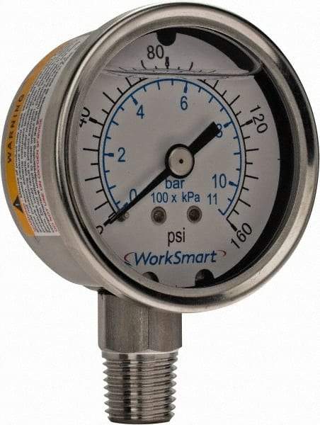 Value Collection - 2" Dial, 1/4 Thread, 0-160 Scale Range, Pressure Gauge - Lower Connection Mount, Accurate to 3-2-3% of Scale - A1 Tooling