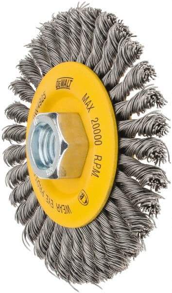 DeWALT - 4" OD, 5/8-11 Arbor Hole, Stringer Bead Steel Wheel Brush - 3/8" Face Width, 7/8" Trim Length, 0.02" Filament Diam, 20,000 RPM - A1 Tooling