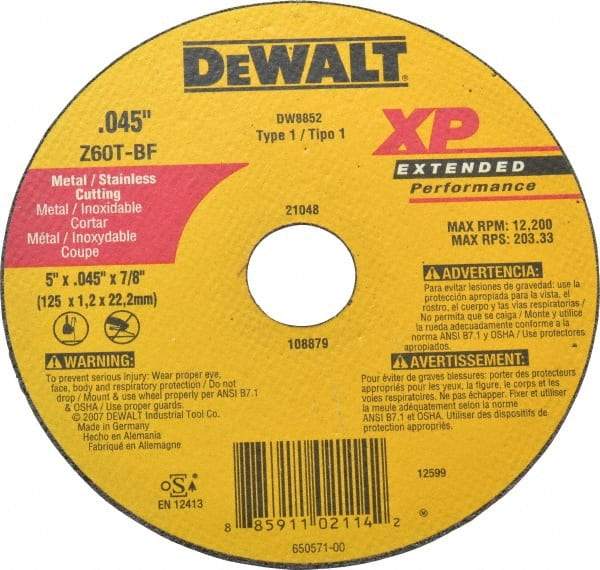 DeWALT - 5" 60 Grit Zirconia Alumina Cutoff Wheel - 0.045" Thick, 7/8" Arbor, 12,200 Max RPM, Use with Circular Saws - A1 Tooling