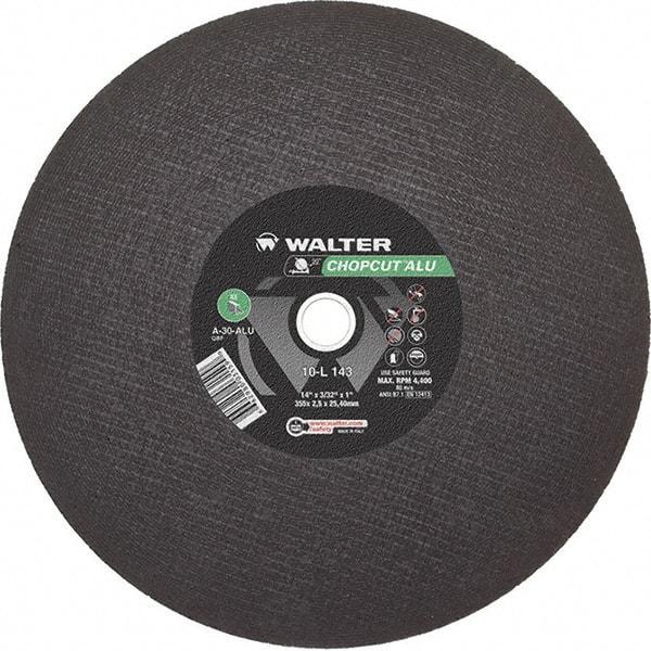 WALTER Surface Technologies - 14" 30 Grit Aluminum Oxide Cutoff Wheel - 3/32" Thick, 1" Arbor, 4,400 Max RPM, Use with Chop Saws - A1 Tooling