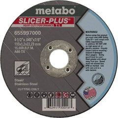 Metabo - 4-1/2" 60 Grit Aluminum Oxide Cutoff Wheel - 0.045" Thick, 7/8" Arbor, 15,000 Max RPM, Use with Angle Grinders - A1 Tooling