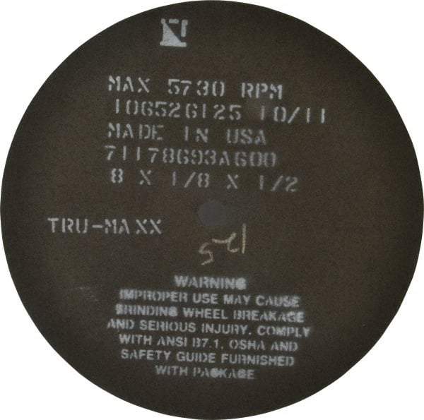 Tru-Maxx - 8" 60 Grit Aluminum Oxide Cutoff Wheel - 1/8" Thick, 1/2" Arbor, 4,536 Max RPM, Use with Stationary Tools - A1 Tooling