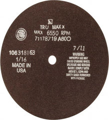 Tru-Maxx - 7" 60 Grit Aluminum Oxide Cutoff Wheel - 1/16" Thick, 1/2" Arbor, 5,184 Max RPM, Use with Stationary Tools - A1 Tooling