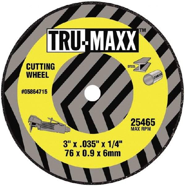 Tru-Maxx - 3" 60 Grit Aluminum Oxide Cutoff Wheel - 1/32" Thick, 3/8" Arbor, 25,465 Max RPM, Use with Die Grinders - A1 Tooling