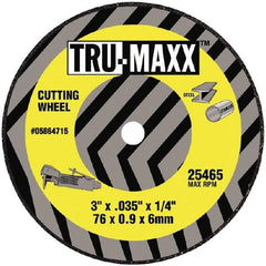 Tru-Maxx - 3" 60 Grit Aluminum Oxide Cutoff Wheel - 1/32" Thick, 3/8" Arbor, 25,465 Max RPM, Use with Die Grinders - A1 Tooling