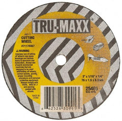 Tru-Maxx - 3" 60 Grit Aluminum Oxide Cutoff Wheel - 1/16" Thick, 1/4" Arbor, 25,465 Max RPM, Use with Die Grinders - A1 Tooling